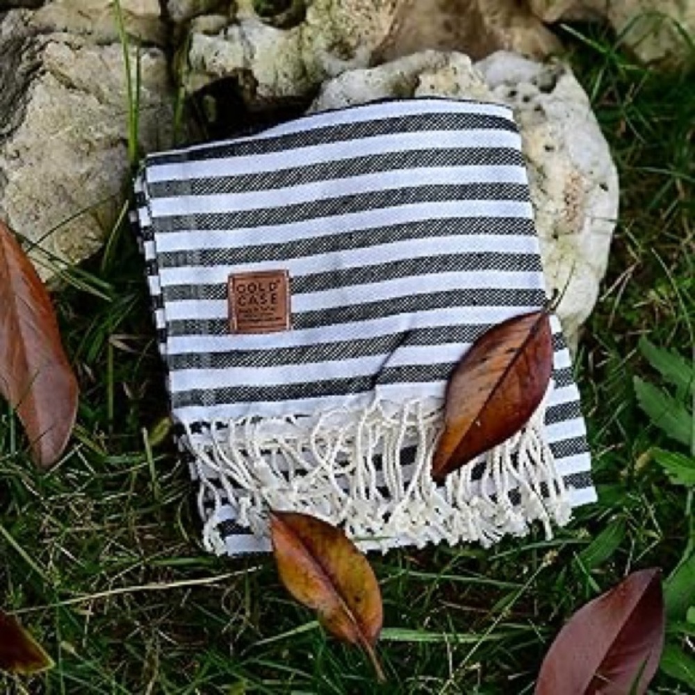 Gold Case Blue and White Stripe Turkish fringe Cotton Peshtamel Towel Wrap - Picture 4 of 16